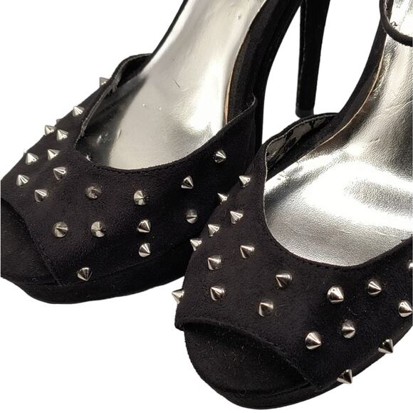 Speed Limit 98 Black Faux Suede Silver Spikes Open Toe Pump Heels 7.5 - Picture 5 of 16